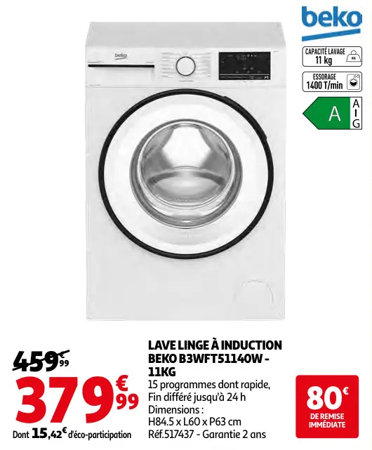 Offre: Lave linge à induction beko b3wft51140w