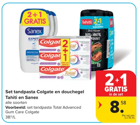 Promotie: Set tandpasta Colgate en douchegel Tahiti en Sanex