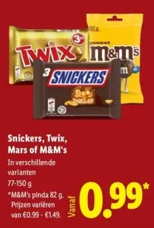Aanbieding: Snickers, Twix, Mars of M&M's