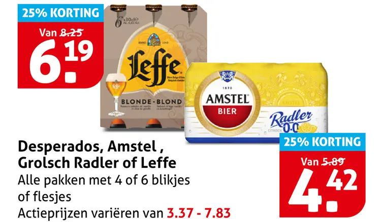 Aanbieding: Desperados, Amstel, Grolsch Radler of Leffe