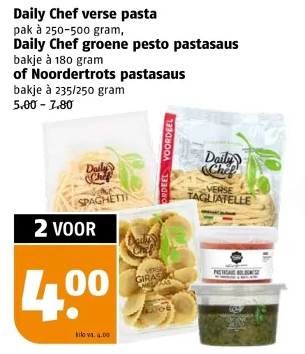 Aanbieding: Daily Chef verse pasta, Daily Chef groene pesto pastasaus of Noordertrots pastasaus