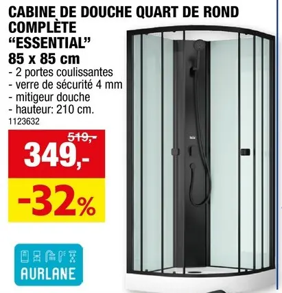 Offre: Aurlane Essentiel cabine de douche quart de rond 85x85x210 cm