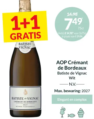 Promotie: AOP Crémant de Bordeaux Batiste de Vignac Wit