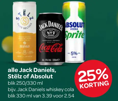 Aanbieding: Jack Daniels, Stëlz of Absolut