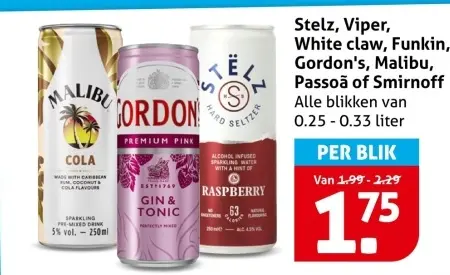 Aanbieding: Stelz, Viper, White Claw, Funkin, Gordon's, Malibu, Passoa of Smirnoff