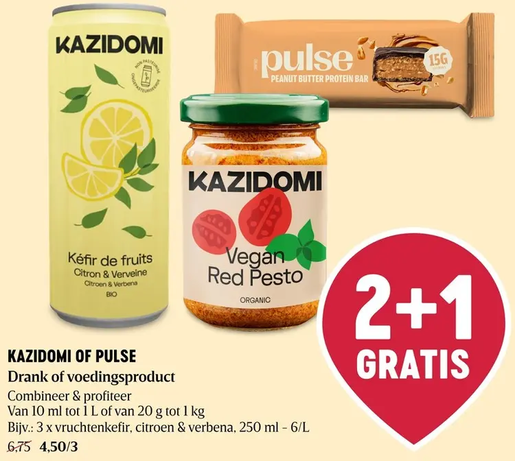 Promotie: Kazidomi & Pulse Kéfir de fruits, Citron & Verveine of Vegan Red Pesto of Peanut butter protein bar