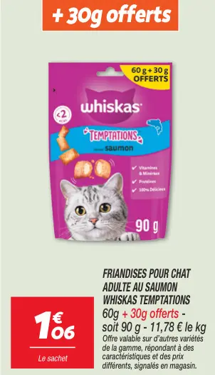 Offre: Friandises pour chat adulte au saumon Whiskas