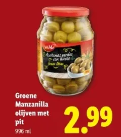 Aanbieding: Groene Manzanilla olijven met pit