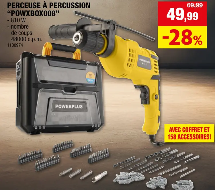 Offre: Powerplus POWXBOX008 perceuse à percussion 810W + 158 accessoires