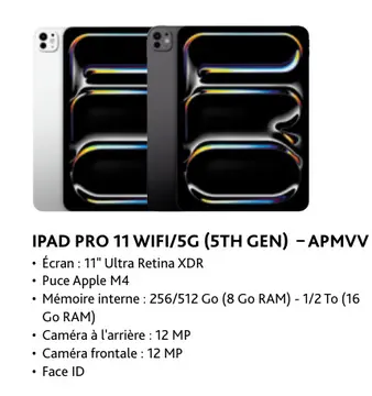 Offre: Ipad pro 11 wifi/5g (5th gen) - apmvv