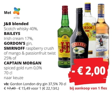 Aanbieding: J&B blended, Bailey's, Gordon's, Smirnoff of Captain Morgan