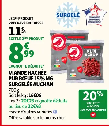 Offre: Viande hachée pur bœuf 15% mg surgelée