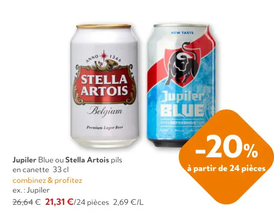 Offre: Jupiler Blue ou Stella Artois pils