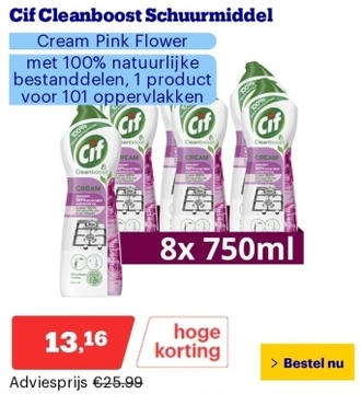Aanbieding: Cif Cleanboost Schuurmiddel - Cream Pink Flower - met 100% natuurlijke bestanddelen, 1 product voor 101 oppervlakken - 8 x 750 ml