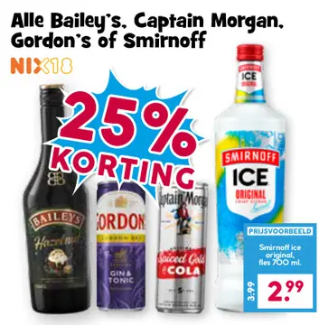 Aanbieding: Alle Bailey's, Captain Morgan, Gordon's of Smirnoff