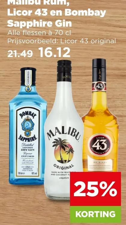 Aanbieding: Malibu Rum, Licor 43 en Bombay Sapphire Gin