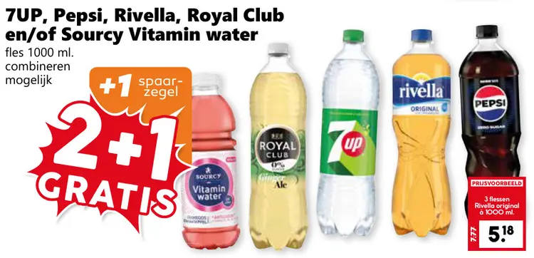 Aanbieding: 7UP, Pepsi, Rivella, Royal Club en/of Sourcy Vitamin water