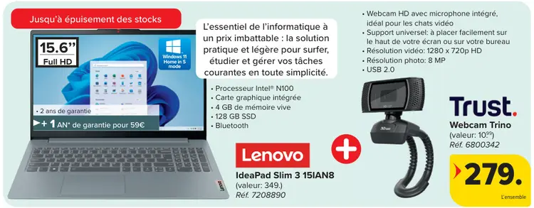 Offre: IdeaPad Slim 3 15IAN8 + Webcam Trino Trust