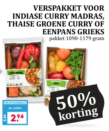 Aanbieding: Verspakket voor indiase curry madras, thaise groene curry of eenpans grieks