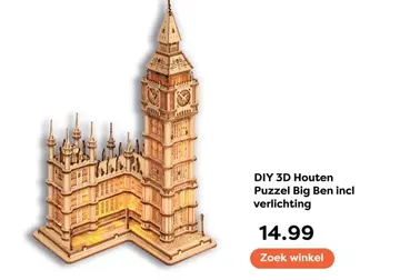 Aanbieding: DIY 3D Houten Puzzel Big Ben incl verlichting