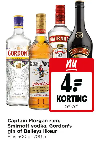 Aanbieding: Captain Morgan rum, Smirnoff vodka, Gordon's gin of Baileys likeur