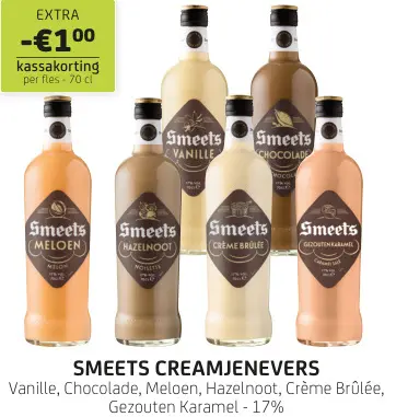 Promotie: Smeets Creamjenevers Vanille, Chocolade, Meloen, Hazelnoot, Crème Brûlée, Gezouten Karamel - 17%