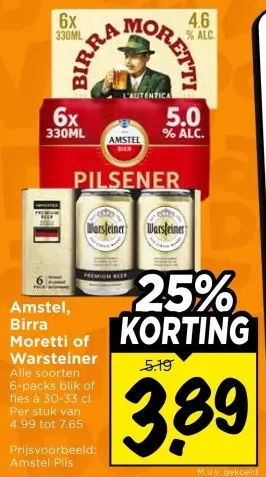 Aanbieding: Amstel, Birra Moretti of Warsteiner