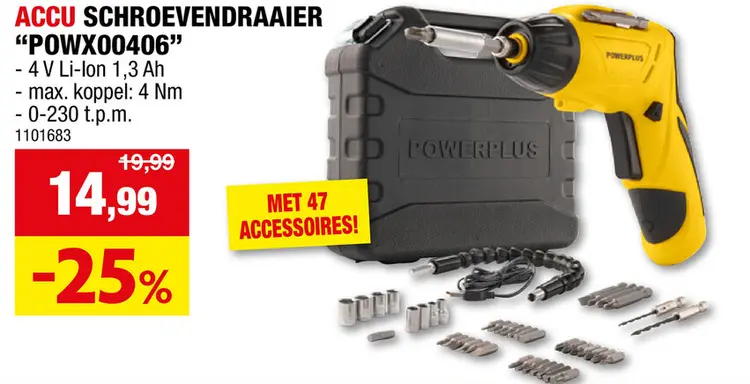 Promotie: Powerplus POWX00406 accu schroevendraaier 4V Li-Ion + 47 accessoires + koffer