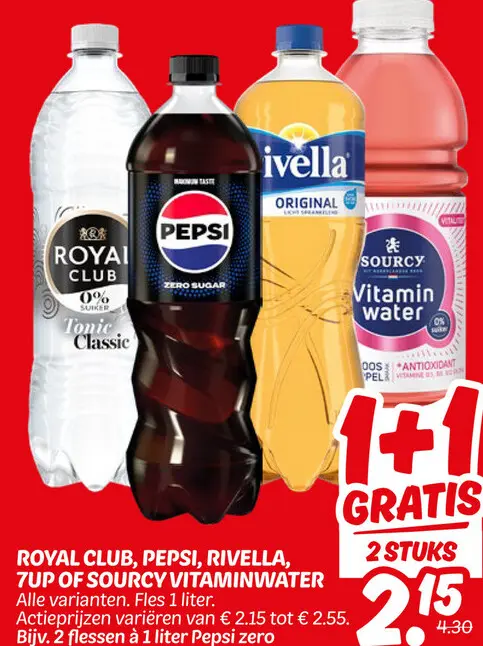 Aanbieding: Royal Club, Pepsi, Rivella, 7UP or Sourcy Vit