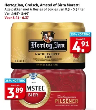 Aanbieding: Hertog Jan, Grolsch, Amstel of Birra Moretti