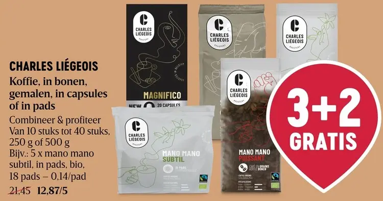 Promotie: Charles Liégeois Koffie, in bonen, gemalen, in capsules of in pads