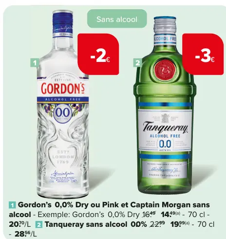 Offre: Gordon's 0,0% Dry ou Pink et Captain Morgan sans alcool / Tanqueray sans alcool