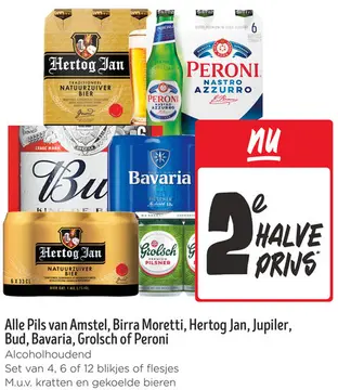 Aanbieding: Alle Pils van Amstel, Birra Moretti, Hertog Jan, Jupiler, Bud, Bavaria, Grolsch of Peroni
