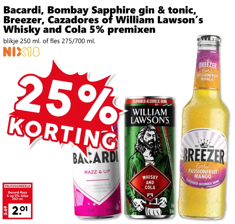 Aanbieding: Breezer, Cazadores of William Lawson's Whisky and Cola 5% premixen