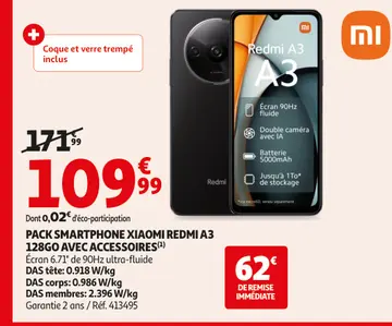 Aanbieding: Pack smartphone XIAOMI Redmi a3 128go avec ac