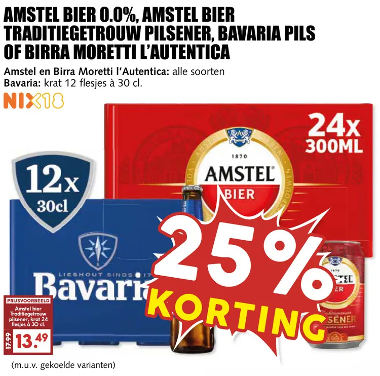 Aanbieding: Amstel Bier 0.0%, Amstel Bier Traditiegetrouw pilsener, Bavaria pils of Birra Moretti l'Autentica