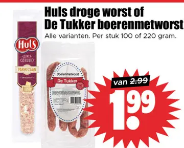 Aanbieding: Huls droge worst of De Tukker boerenmetworst