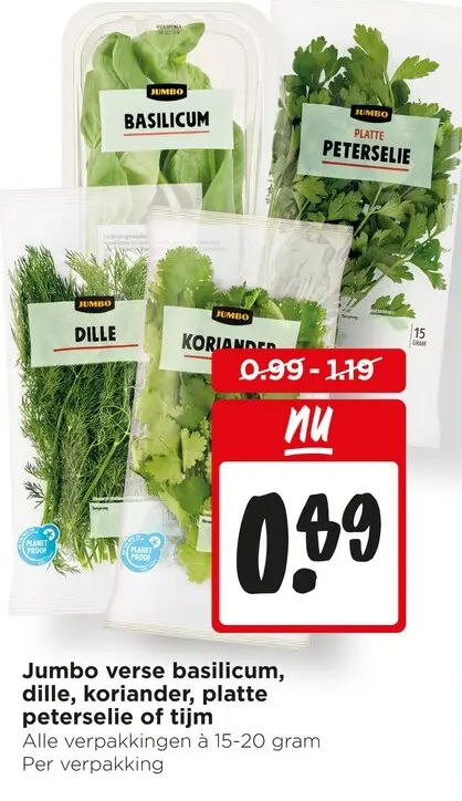 Aanbieding: Verse basilicum, dille, koriander, platte peterselie of tijm