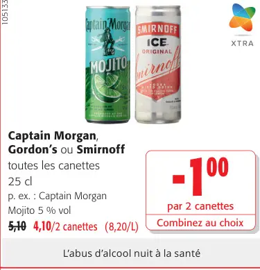 Offre: Captain Morgan, Gordon's ou Smirnoff