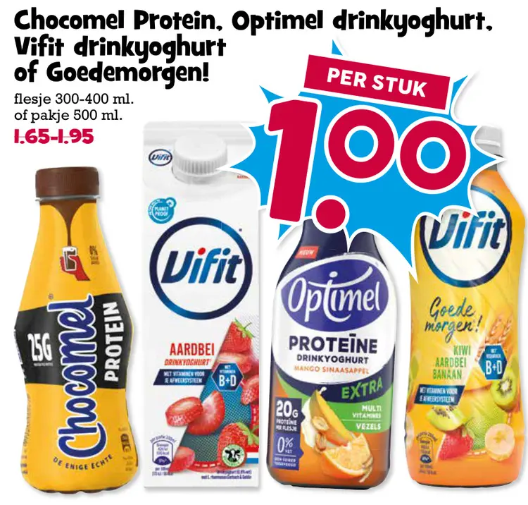 Aanbieding: Chocomel Protein, Optimel drinkyoghurt, Vifit of Goedemorgen!