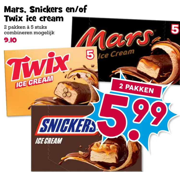 Aanbieding: Mars, Snickers en/of Twix ice cream