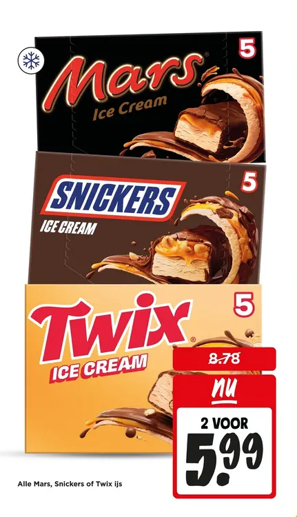 Aanbieding: Alle Mars, Snickers of Twix ijs