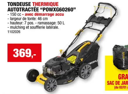 Offre: Powerplus POWXG60260 tondeuse thermique autotractée/démarrage électrique 150cc 46cm