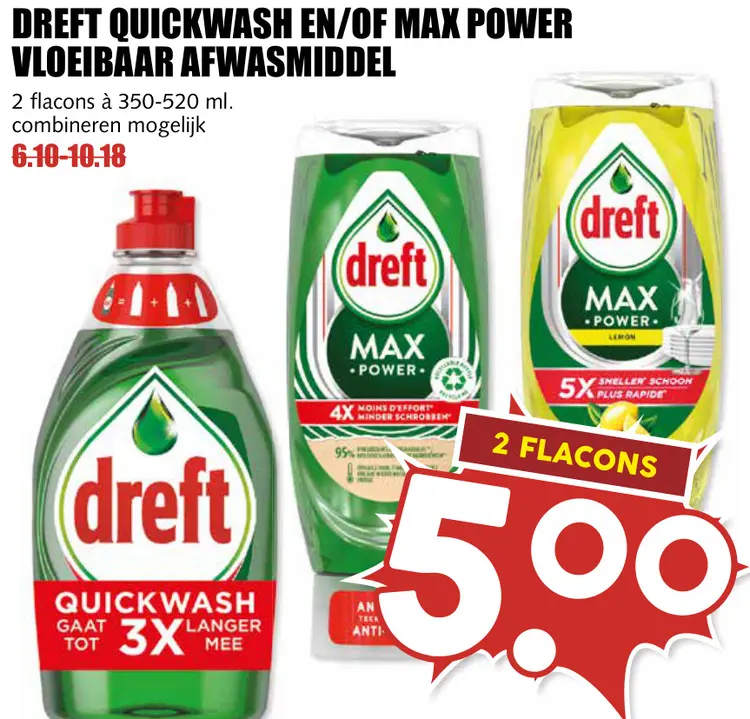 Aanbieding: Quickwash en/of max power vloeibaar afwasmiddel