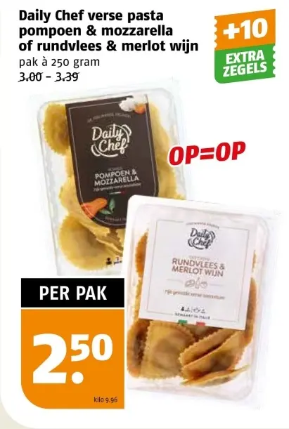Aanbieding: Verse pasta pompoen & mozzarella of rundvlees & merlot wijn