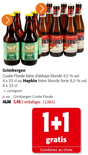 Offre: Grimbergen cuvée Florale bière d'abbaye blonde ou Hapkin bière blonde forte