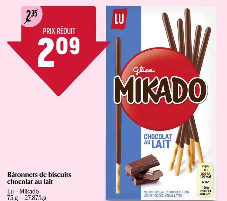 Offre: Mikado Bâtonnets de biscuits chocolat au lait