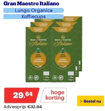 Aanbieding: Gran Maestro Italiano - Lungo Organica - Koffiecups - Nespresso Compatibel Capsules - Biologisch - 6 x 20 cups