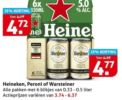 Aanbieding: Heineken, Peroni of Warsteiner
