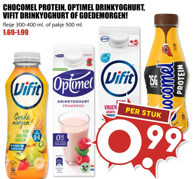 Aanbieding: Chocomel protein, Optimel drinkyoghurt, Vifit drinkyoghurt of goedemorgen